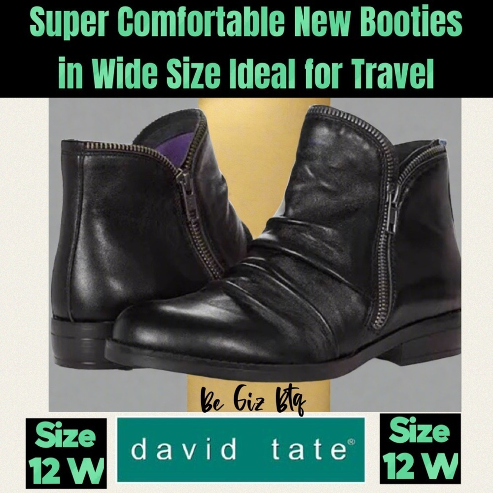 🔥🔥 David Tate Ming Leather Double Zipper Ankle Boots Black Napa Leather Size12W